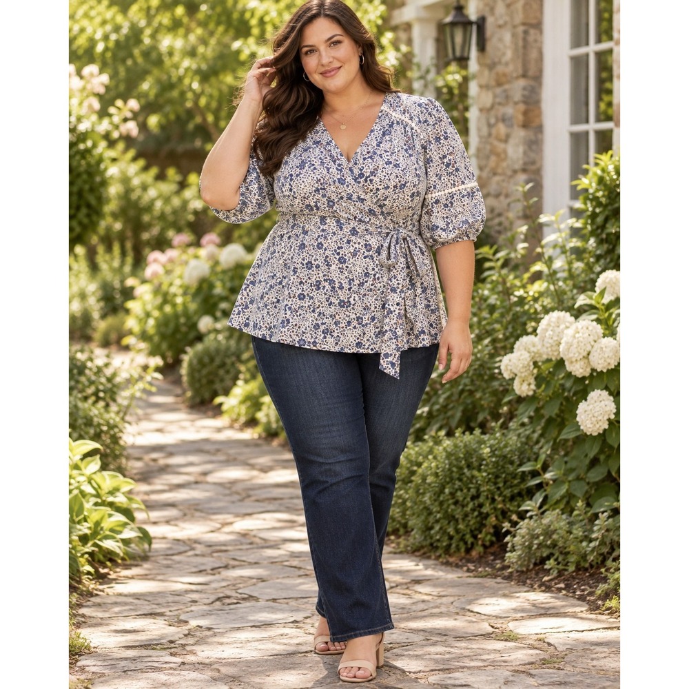 Lane Bryant Size 26 Blue Floral Belted Blouse Puff Sleeve Cotton, cottage core